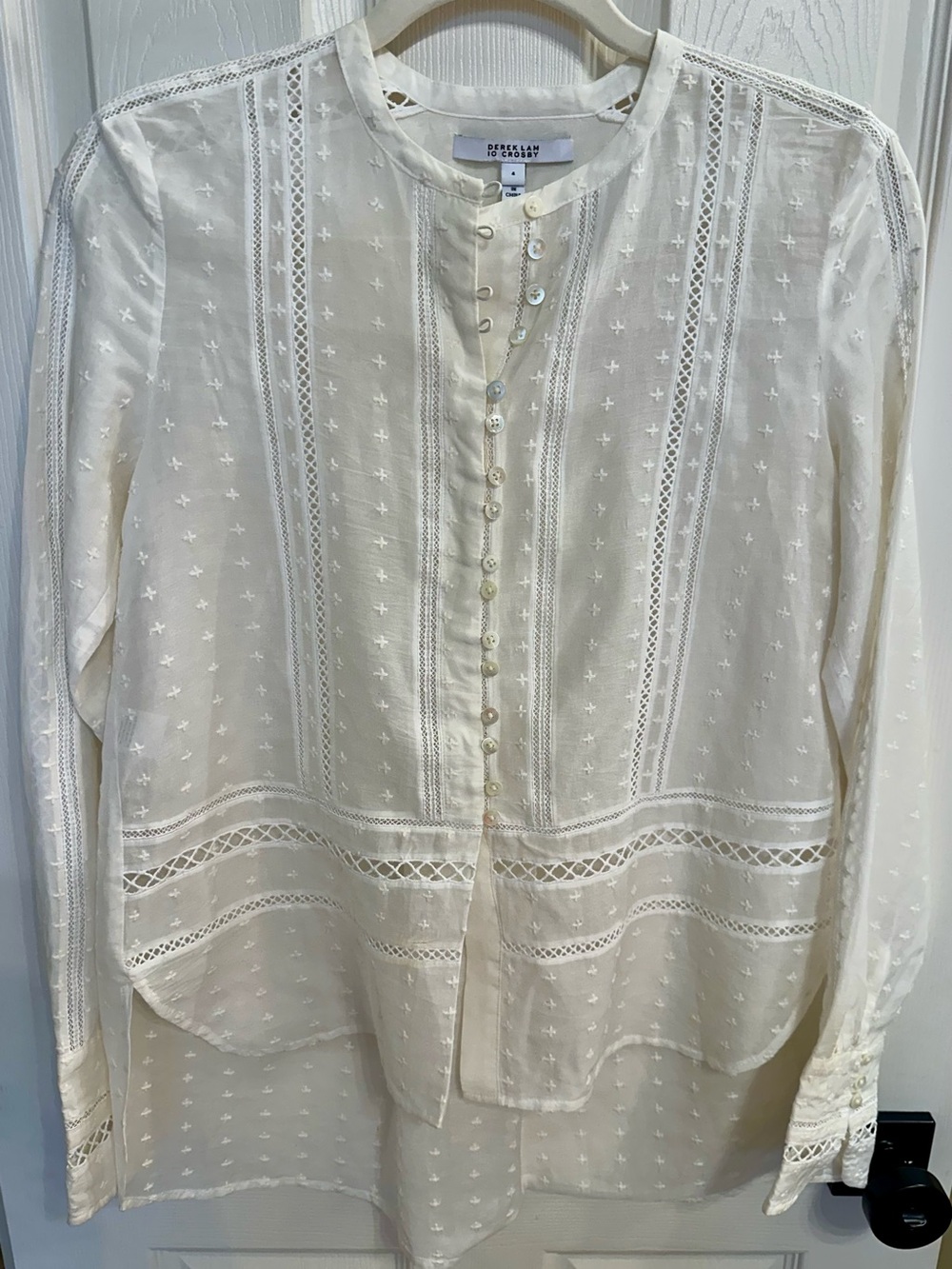 Derek Lam 10 Crosby Cream Embroidered Lace-Trim Button Blouse Tunic Size 4